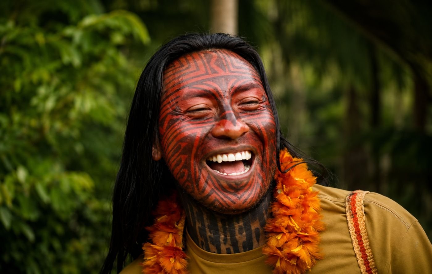 Mapu Huni Kuin rindo, com pintura de urucum e colar de flores laranja