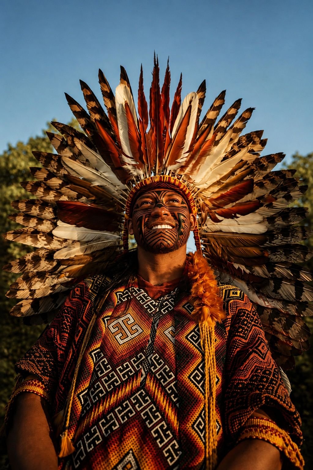 Mapu Huni Kuin sorrindo, com cocar de penas e veste de padrões tradicionais, sob o céu azul