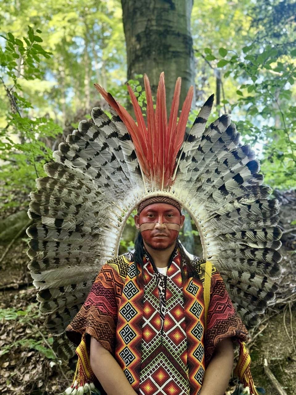Mapu Huni Kuin com grande cocar de penas e veste tradicional, sentado diante de uma árvore na floresta